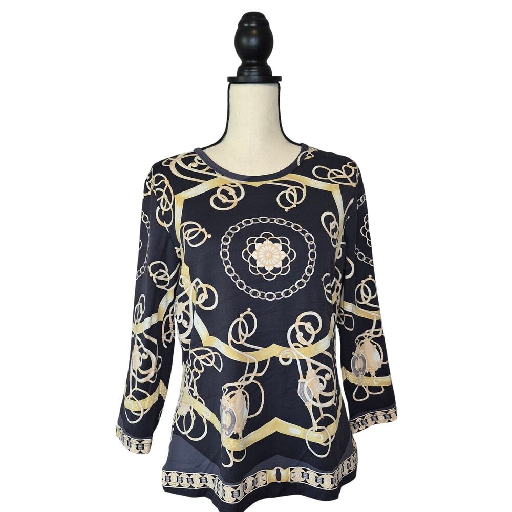 J. McLaughlin Catalina Top 3/4 Sleeve Equestrian Chain Print Gray Gold Size L